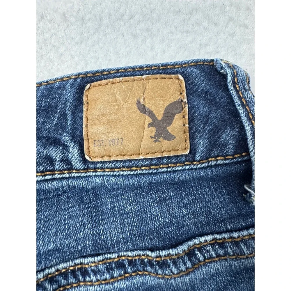 Boho American Eagle Women 12 Shortie Shorts Dark Wash Super Stretch Raw Hem